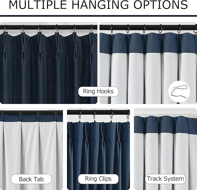 Vision Home Navy Blue Pinch Pleated Full Blackout Curtains Linen Blended Room Darkening Curtain Panels 108 inch for Living Room Bedroom Thermal Insulated Pinch Pleat Drapes with Hooks 9FT 40"Wx108"Lx2