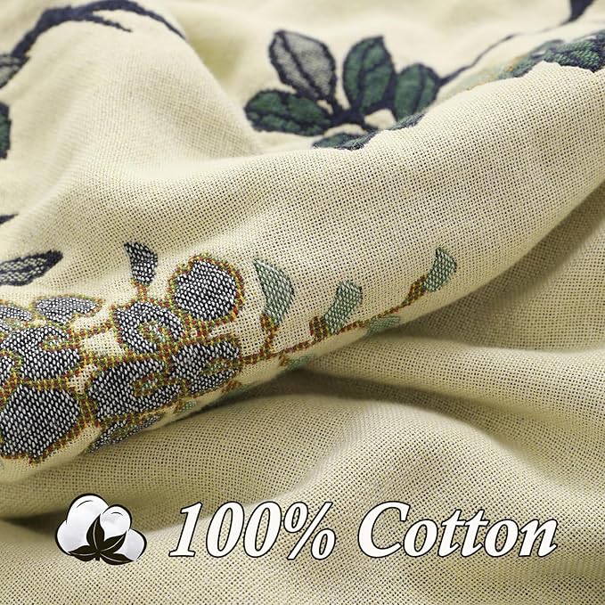 Snycler Boho Throw Blanket for Bed - 100% Cotton Ultra Soft Rustic Quilt Blanket Green Floral Bird Printed Farmhouse Decor Bed Blankets, 80"×90" All Season Rustic Throw for Sofa Chair Couch