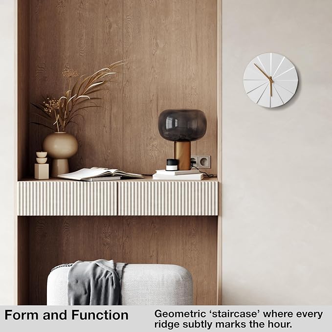 Driini Staircase Modern Wall Clock - Unique 10.5 in. Frameless Concrete Design - Contemporary, Minimalist Decor; No Numbers - Silent Battery Operated Clocks with Decorative Wooden Hands; White