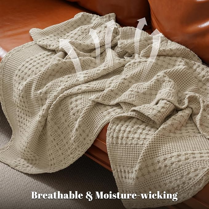 PHF 100% Cotton Waffle Weave Blanket Twin Size, Soft Lightweight Breathable Cozy Summer Blankets for Bed, Luxury Aesthetic Woven Bedding for Home Decor, 66"x90", Khaki