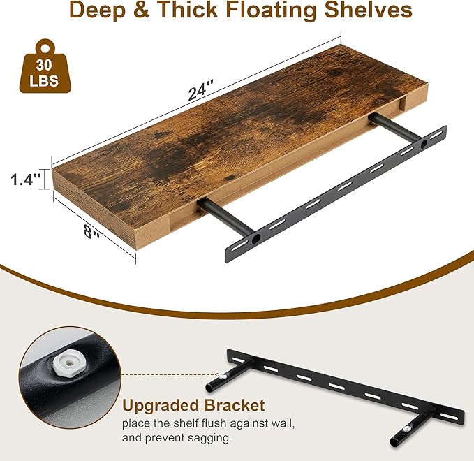 Floating Shelves, 8 Inch Deep Floating Shelves, 24"W x 8"D Wall Shelves Set of 2, Rustic Wood Floating Shelf for Home Decor, Deep Storage Shelves for Kitchen, Bedroom, Living Room, Rustic Brown