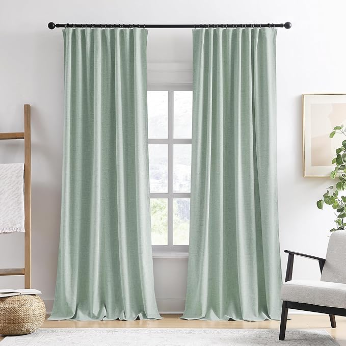 RAIN CITY Light Green Linen Blackout Curtains 96 Inch Long for Living Room,2 Panels Pinch Pleated Drape with Hooks Back Tab Boho Decor, Textured Full Black Out Curtains for Bedroom 50 x 96