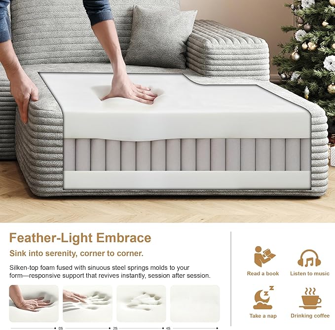 108" Sectional Couches for Living Room Modern Modular Sofa with L-Shape Couchs Upholstered Boneless Couch Deep Seat Sectional Couch with Chaise (Grey, Right Facing Chaise+2Seaters+1Ottoman)