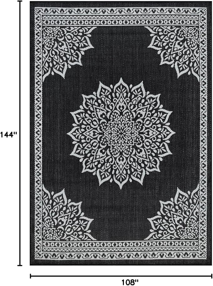 CAMILSON Outdoor Rug, 9x12 Medallion Black White Modern Area Rugs for Large Indoor and Outdoor Patios, Kitchen and Hallway Mats, Washable Porch Deck Outside Carpet (Medallion Black, 9 x 12)