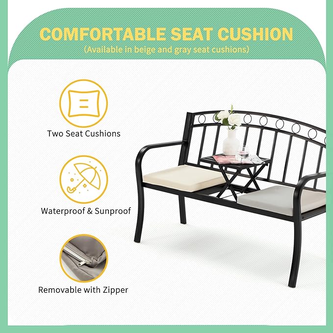 AVAWING Outdoor Metal Garden Bench, 2-Seat Patio Porch Bench with Steel Frame, Park Bench w/Pullout Middle Table＆ Cushion for Backyard Lawn Deck Entryway, Black