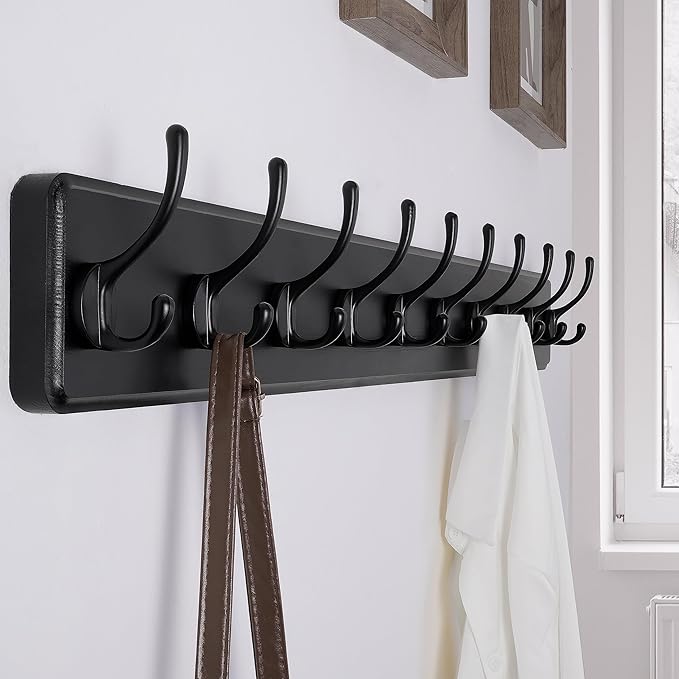 SKOLOO Large Black Wall Mounted Coat Rack - 38.6'' Long Coat Rack for Wall, Pine Solid Wood Coat Hook Hanger - 10 Hooks for Hanging Clothes Backpack Coats
