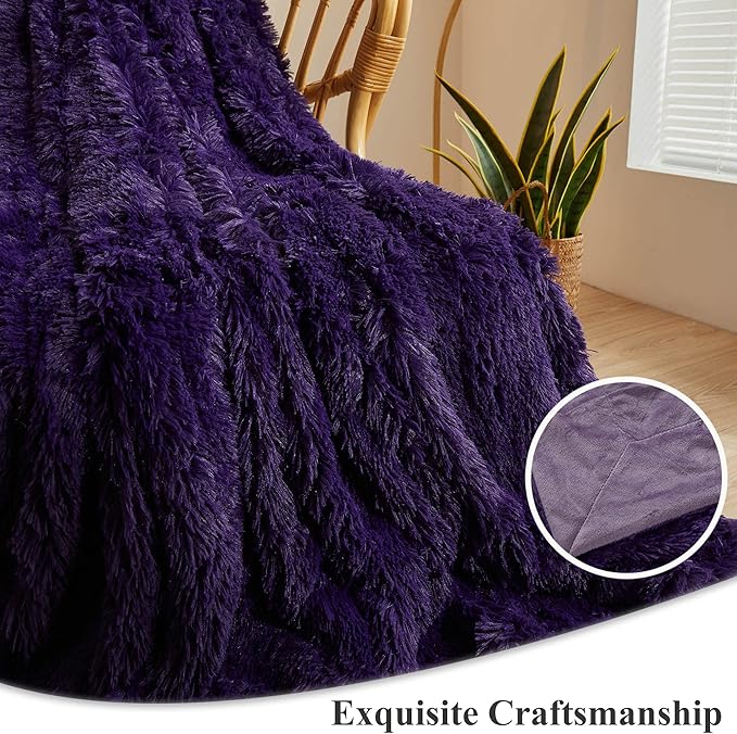 XeGe Plush Faux Fur Throw, Dark Purple Luxurious 50x60 Shaggy Furry Blanket, Thick Fluffy Microfiber Velvet Couch Blanket, Ultra Soft Fuzzy Office Lap Throw for Sofa Bed Car Purple