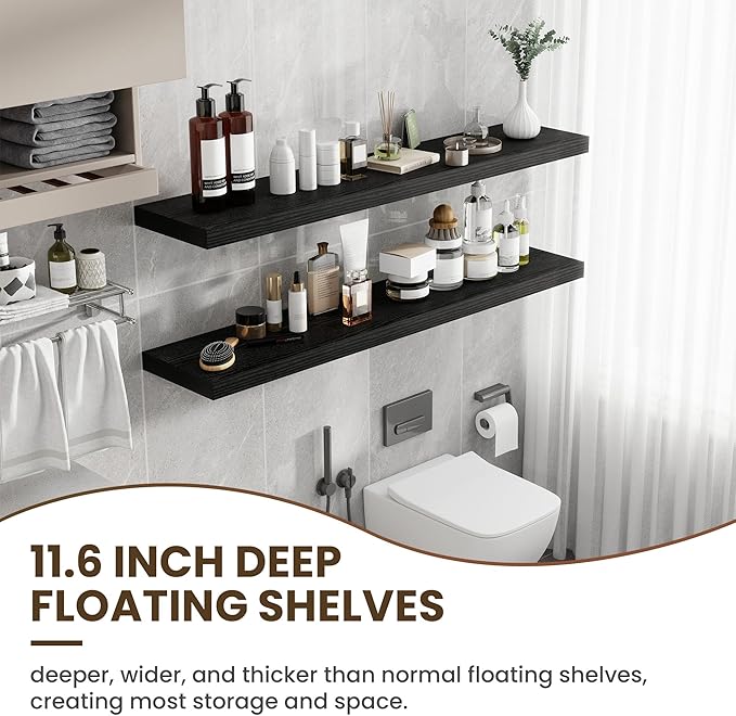 55 Inch Floating Shelves, 12 Inch Deep Floating Shelves for Wall, Floating Shelf with Invisible Brackets, Deep Shelves for Bathroom, Bedroom, Living Room, 1 Pack, Black