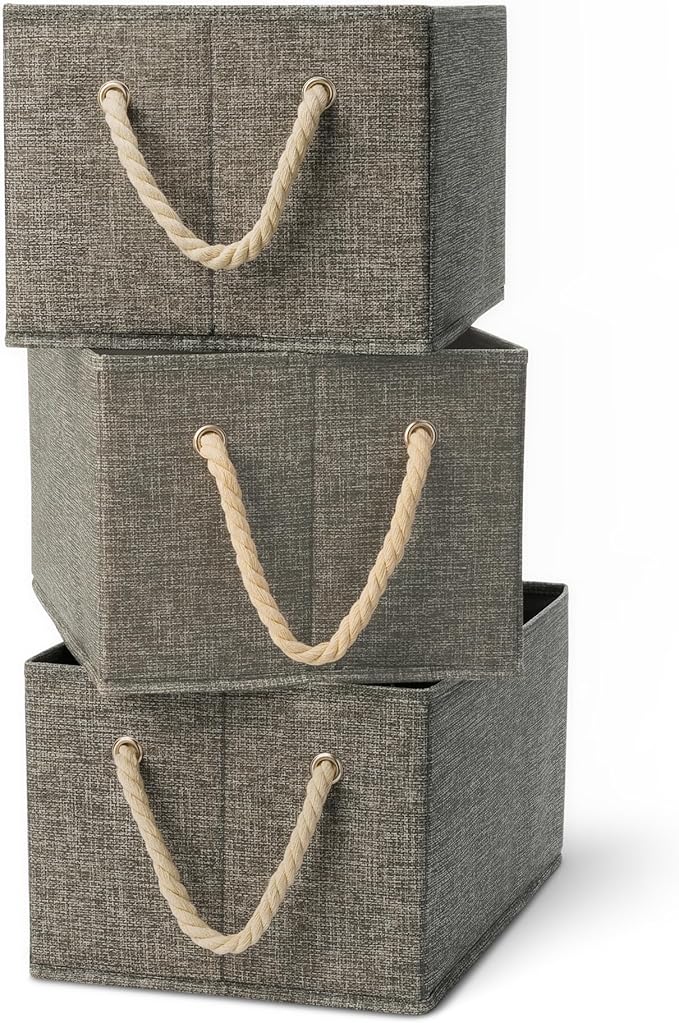 Amazon Basics Foldable Storage Bins with Rope Handles, Charcoal, Large, Pack of 3