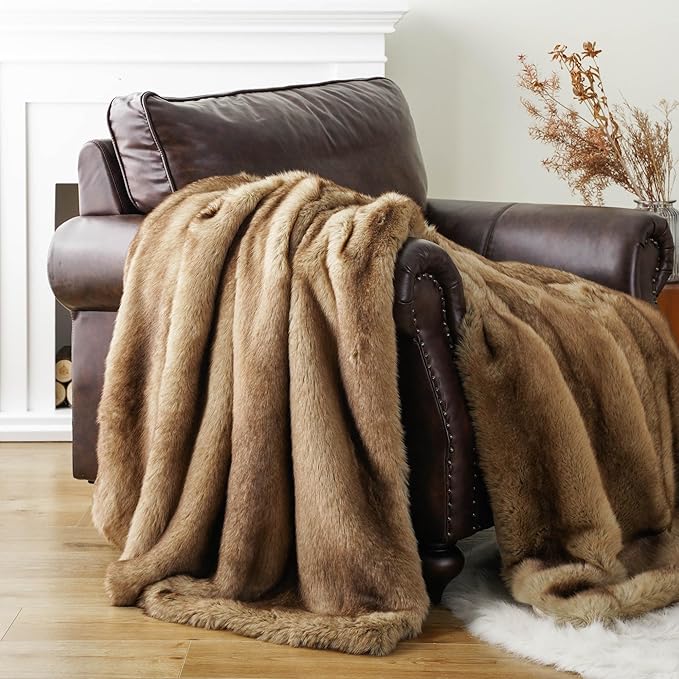 BATTILO HOME Luxury Ochre Faux Fur Throw Blanket, Soft Cozy Mink Fur Blanket for Couch, Sofa, Bed, Plush Warm Fuzzy Fall Fur Throw and Blankets for Home Decor, 50"x60"