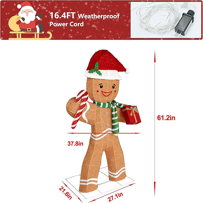 5FT Gingerbread Man with Candy Cane and Gift Box Decoration, 2.5D Pre-Lit Gingerbread Man Decor with 120 LED Lights for Christmas, Freestanding Glittered Holiday Display for Outdoor, Indoor