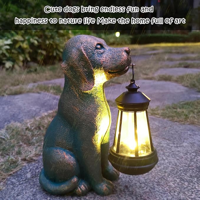 Dog Garden Statue Outdoor Décor with Solar Lights Lantern,Dog Solar Light Figurines Outside Decorations for Yard，Lawn ,Patio, Balcony, Unique Housewarming Gifts