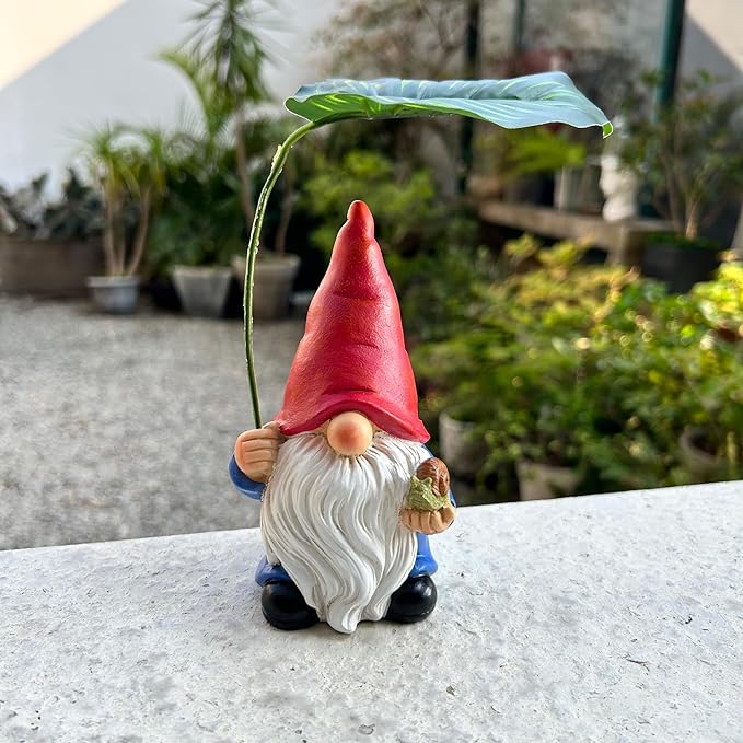 Garden Gnome Statue Decoration with Leaf Umbrella, 6.5” Figurine Ornament for Indoor Outdoor Home Patio Yard Lawn, for Gnome Lovers & Garden Enthusiasts，Mom，Women