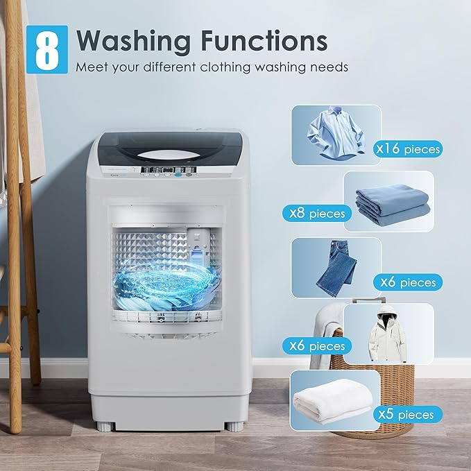 Euhomy 1.59 Cu.Ft. Portable Washing Machine, 11 LBS Capacity, 8 Functions, 8 Water Levels,Full Size Washing Machine with Drain Pump and LED Display for Apartments, RVs, Homes, Gray