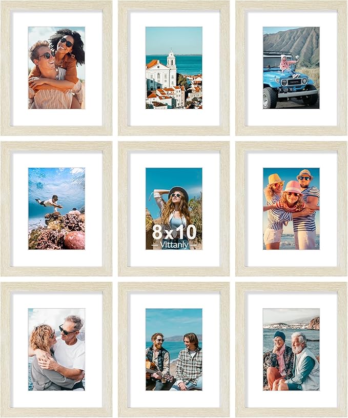 Vittanly 8x10 Picture Frames Set of 9, Shatter Resistant Plexiglass, Display 5x7 Pictures with Mat or 8x10 without Mat, Photo Frames for Wall or Tabletop, Engineered Wood, Cornsilk