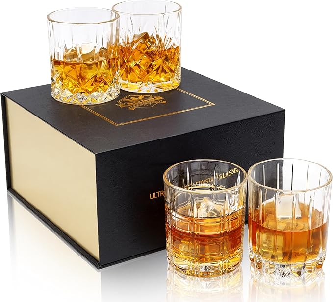 KANARS Whiskey Glasses Set of 4 - Multi Style Crystal Liquor Glasses 10 oz - Rocks Glass Barware For Scotch, Bourbon, Rum and Cocktail, Whisky Gifts for Men