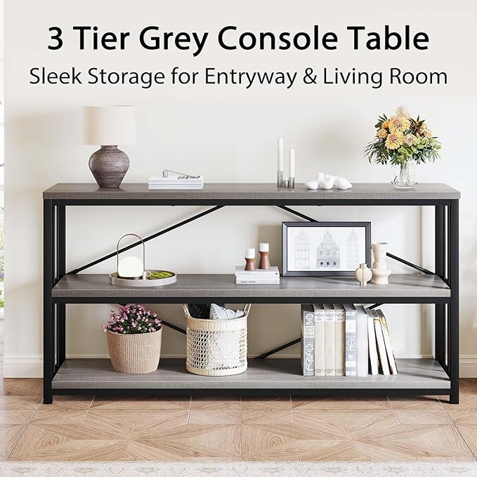 LVB Extra Long 3-Tier Sofa Table, Industrial Console Table with Storage Shelf, Modern Rustic Wood Metal Narrow Entryway Table, Skinny Behind Couch Table for Foyer Living Room Bedroom, Light Grey, 70In