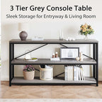LVB Extra Long 3-Tier Sofa Table, Industrial Console Table with Storage Shelf, Modern Rustic Wood Metal Narrow Entryway Table, Skinny Behind Couch Table for Foyer Living Room Bedroom, Light Grey, 70In