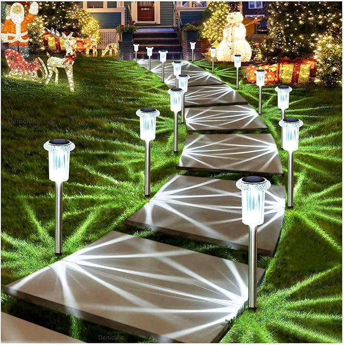 DenicMic Solar Lights Outdoor 10 Pack Waterproof 6000K Cold White LED Stainless Steel Stake for Pathway Yard Garden Driveway Solar Powered Outside Decor