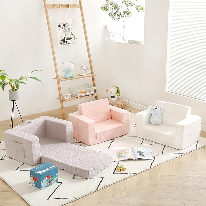 Welnow 2-in-1 Kids Sofa Chair, Convertible Toddler Chair Flip Out Children Sofa Chair Folding Kids Play Sofa with Side Pockets & Removable Cover Armrest Chair for Girl or Boy