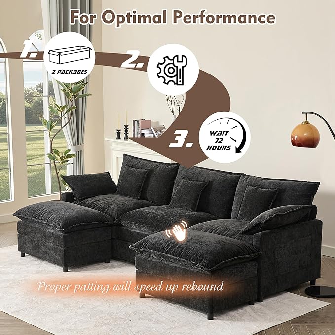 108" U Shaped Couch, Modular Sectional Sofa, 3-Seater Comfy Cloud Couch with Movable Ottoman, Deep Seat Couches for Living Room, Chenille, Black