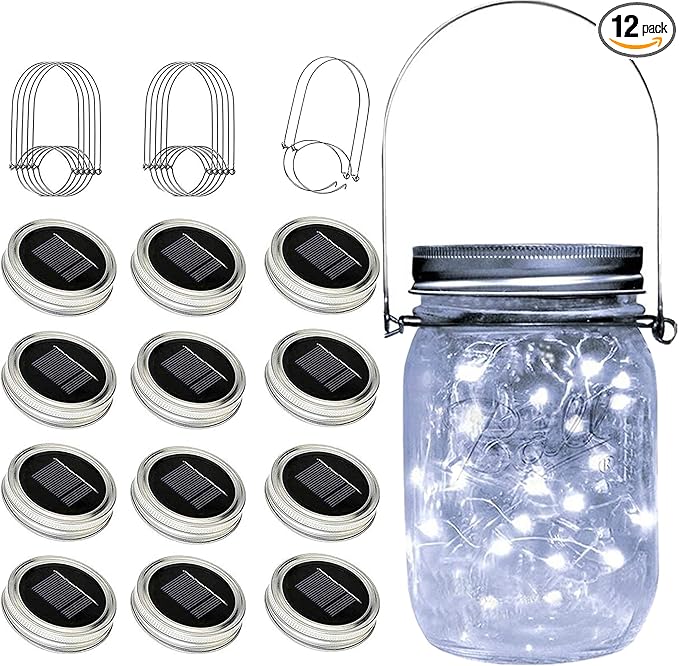 ZNYCYE Mason Jar Solar Lights for Outside, 12 Pack 30LED Fairy Lights Mason Jar Solar Lids Outdoor Waterproof String Lights with Hangers(NO Jars) for Patio Garden Yard Lawn Decoration - Cool White