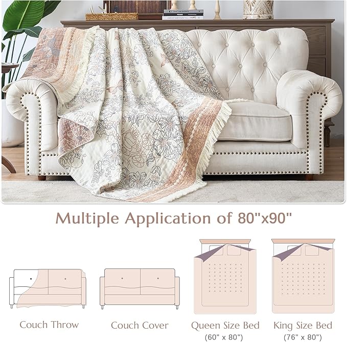 JINCHAN Boho Floral 100% Cotton Blanket 4-Layer Throw Blanket with Tassel Taupe and White Flower Butterfly Soft Luxury Rustic Farmhouse Decor Blanket for Couch Bed 80x90 inch All Season gift for women