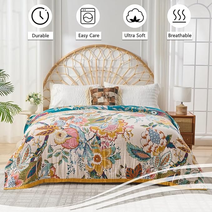 Boho Throw Blanket, Reversible Cotton Bohemian Tapestry Hippie Room Decor Double Sided, 100 Cotton King Size Bed Throw, Lightweight Summer Blanket for Travel, Sofa, Picnic,90"x98"