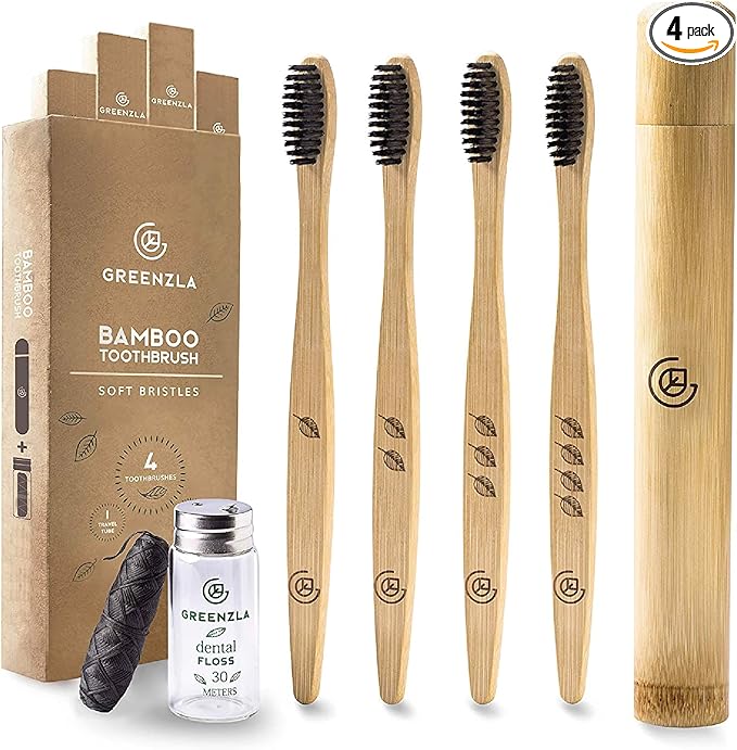 Greenzla Bamboo Toothbrushes, Wooden Toothbrush Set with Soft Bristles, Includes Travel Case and Charcoal Dental Floss, 4 Pack