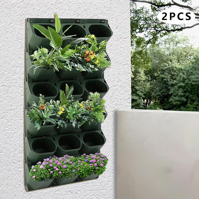 12Pieces 3-Pot Wall Planter Vertical Garden Plant Walls Wall Mounted Vertical Planter with Water-Storage Layer Stackable Wall-Mounted Flower Pot for Gardens, Balconies 180.78lbs Total Capacity (Green)