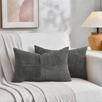 Fancy Homi 2 Packs Dark Gray Lumbar Decorative Throw Pillow Covers 12x20 Inch for Living Room Couch Bed Sofa, Farmhouse Home Decor, Soft Striped Corduroy Rectangle Accent Cushion Case 30x50 cm