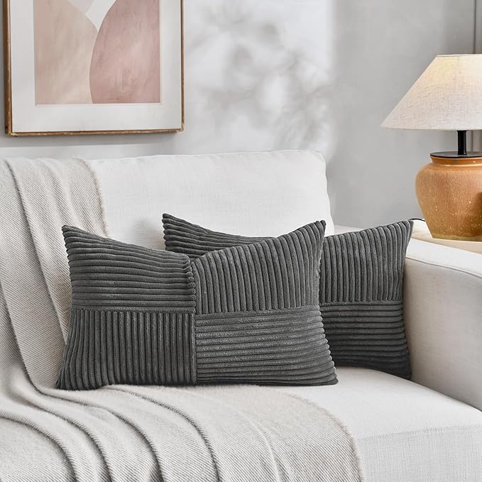 Fancy Homi 2 Packs Dark Gray Long Lumbar Decorative Throw Pillow Covers 16x24 Inch for Couch Bed Sofa, Rustic Farmhouse Boho Home Decor, Soft Striped Corduroy Rectangle Accent Cushion Case 40x60 cm