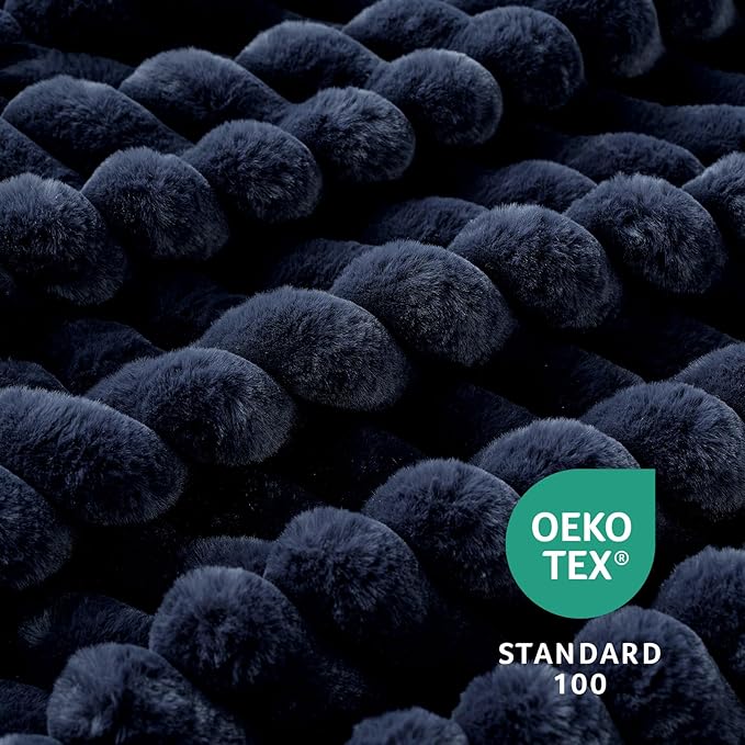 Amélie Home Faux Fur Throw Blanket for Couch, Cozy Fuzzy Fluffy Fur Luxurious Soft Striped Plush Gift Blankets for Family Sofa Chair Bed Living Room Bedroom, 55"x70", Navy Blue