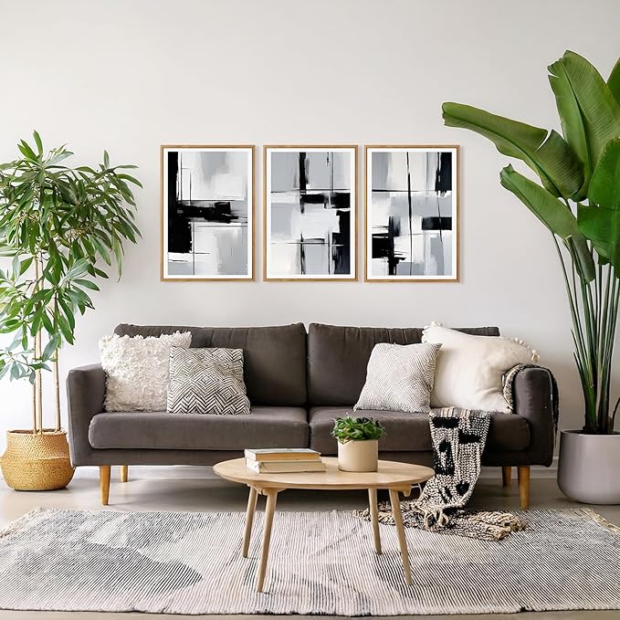 HPNIUB Modern Abstract Geometric Wall Art, Black & White Canvas Neutral Prints, Minimalist Bohemian Mid-Century Wall Art for Hallway, Office Wall Decor- 16"x24"x3