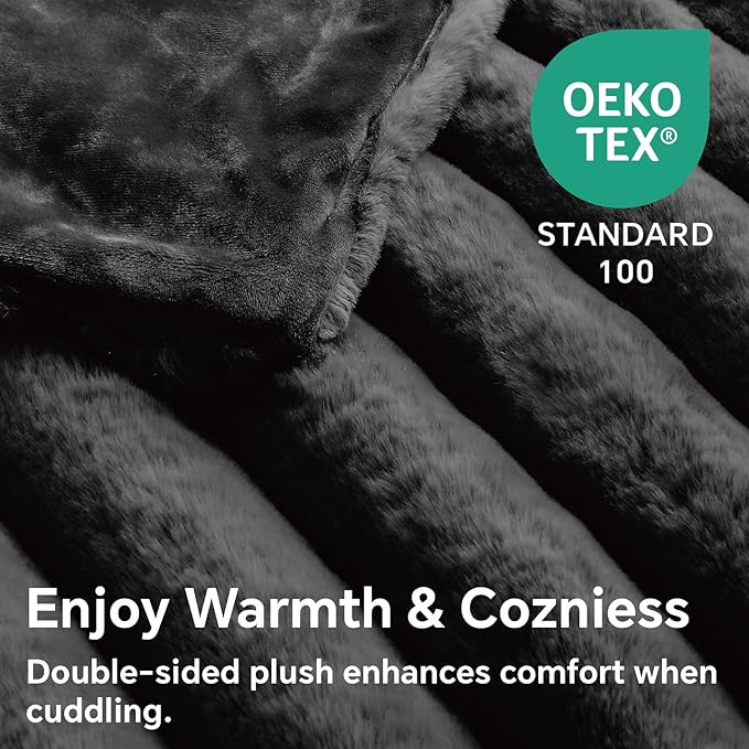 BEDELITE Faux Fur Throw Blanket for Couch, Soft and Cozy Luxurious 3D Striped Fluffy Blanket, 770GSM Thick Warm Plush Fuzzy Faux Rabbit Fur Blanket for Women Gift (Black, 50"x 60")