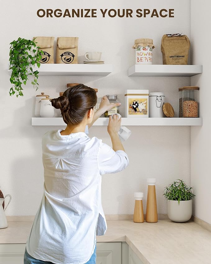Marsmiles 24" Floating Shelves for Wall, Wooden Shelves with Invisible Brackets Set of 2, Rustic Farmhouse Wall Mounted Shelf for Kitchen Bathroom Living Room Study, White
