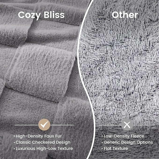 Cozy Bliss Checkered Faux Rabbit Fur Grey Throw Blanket, Soft Fuzzy Fluffy Minky Furry Blankets for Couch, Bed (50 * 60 Inches Light Grey)