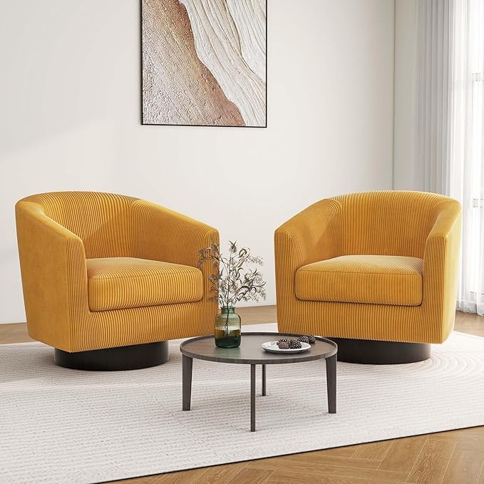 Swivel Barrel Accent Chair, Modern Round Corduroy Fabric Arm Chair for Living Room, Bedroom, Comfy Club Reading Chairs for Adults, Corduroy Orange, Set of 2