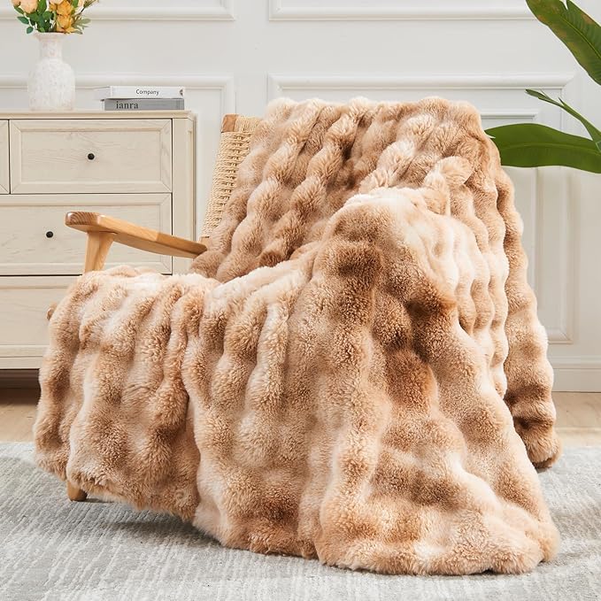 NEWCOSPLAY Faux Fur Throw Blanket Tie-dye Beige Luxury Fluffy Thick Warm Bubble Blanket for Couch Sofa Bed 700GSM (Tie-dye Beige, Throw(50"x60"))