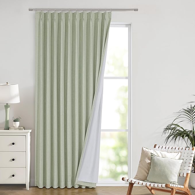 Vision Home Soft Green Pinch Pleated Full Blackout Curtains Linen Blended Room Darkening Window Panels 84 inch for Living Room Bedroom Thermal Insulated Pinch Pleat Drapes with Hooks 60" Wx84 Lx1