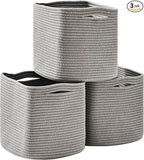 11 Inch Cube Storage Bins, Storage Cube Organizer Bins, Woven Cotton Rope Basket for Storage, Storage Baskets for Organizing Shelves, Grey Baskets for Toys Nursery, Grey (Pack of 3)