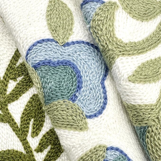 Alysheer Floral Embroidered Summer Decorative Throw Pillow Covers 20"x 20" Set of 2, Farmhouse Cottage Blue Flowers Green Leaves Knit Pattern Cotton Canvas Cushion Case for Couch Bed Living Room