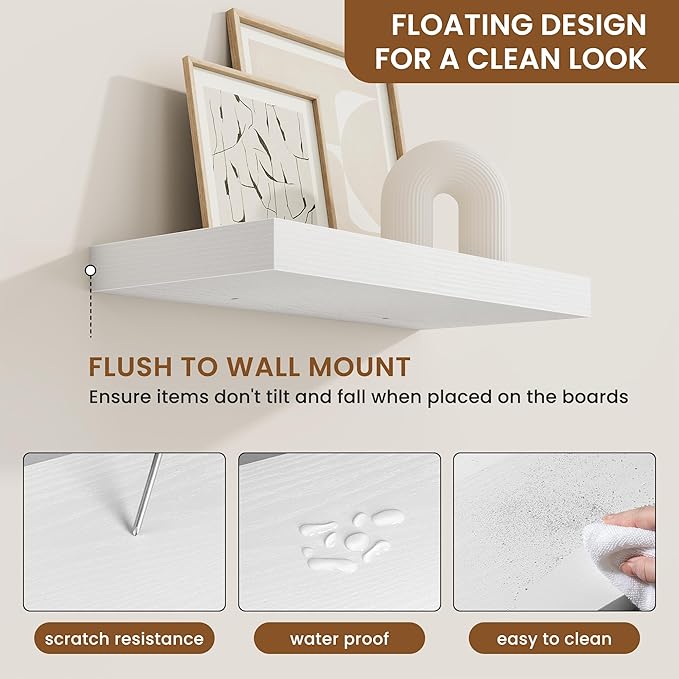 fuqing Floating Shelves for Wall, Bathroom Shelf Wall Mounted for Storage, Shelves with Invisible Bracket for Bedroom, Kitchen, Living Room, Farmhouse Small Book Shelf, 16 Inch Set of 2, White