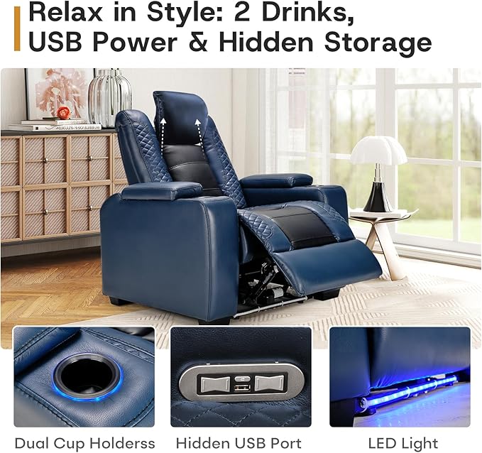 ANJ Power Home Theater Seating, PU Leather Electric Recliner Chair with Powered Headrest, Dual Motors Movie Reclining Chairs with LED Lights,USB Port, Cup Holders, Hidden Arm Storage (Blue & Black)