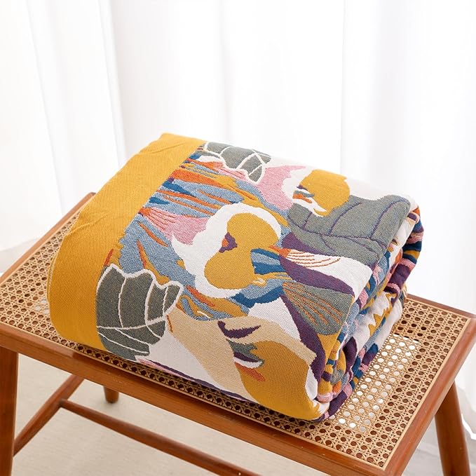 Snycler Boho Throw Blanket for Bed - 100% Cotton Ultra Soft Rustic Quilt - Watercolour Floral Printed Farmhouse Decor Bed Fall Blankets,80"×90" All Season Rustic Throw for Sofa Couch Chair