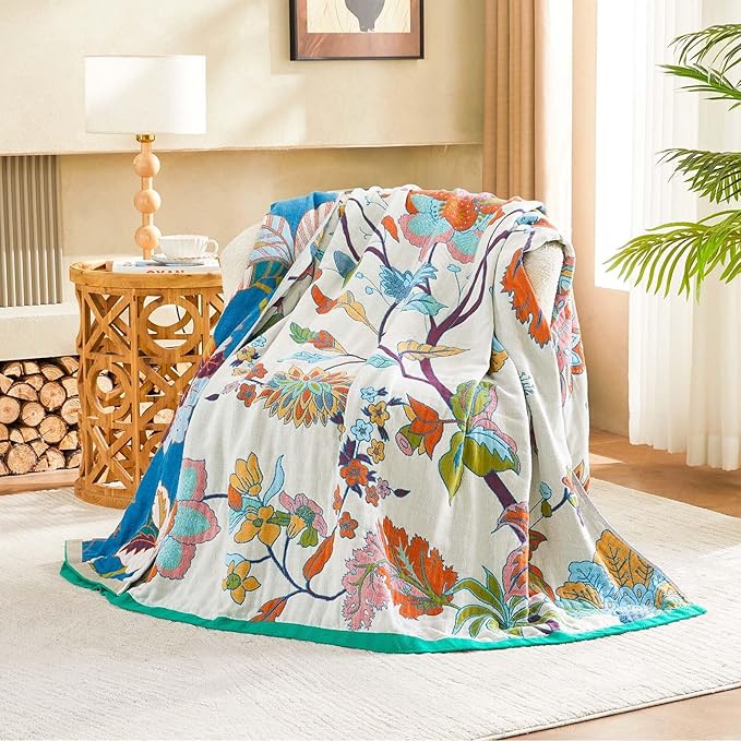 Summer Throw Blanket, 90"x98" Reversible Bohemian Flower Blanket, 100% Cotton Muslin Breathable Woven, Farmhouse Decorative Throw Blanket