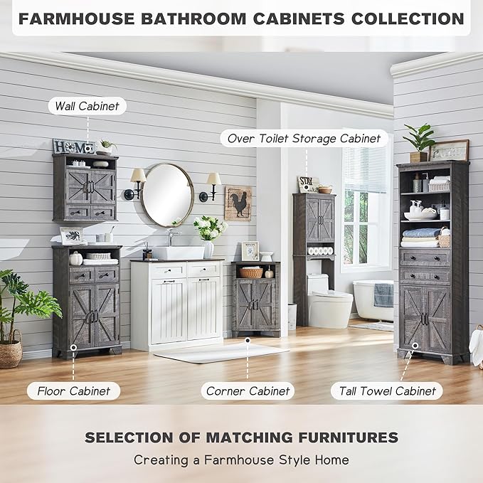 Over The Toilet Storage Cabinet, Farmhouse Bathroom Cabinet with Adjustable Shelf & Barn Door, 67" Tall Over The Toilet Shelf, Grey Wash