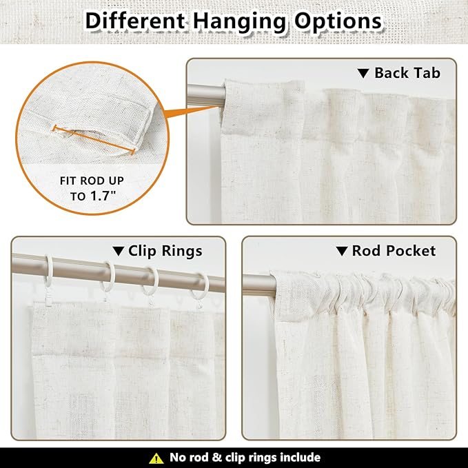 MYSKY HOME Boho Curtains 72 Inch Length, Linen Blend Drapes for Window Decoration French Door Curtain Panels Privacy Shade Burlap Farmhouse Rustic Style for Doorways, 50" x 72", Linen, 2 Panels