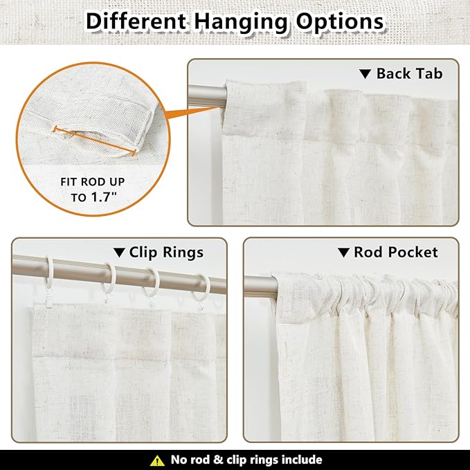 MYSKY HOME Linen Curtains for Sliding Glass Door, Back Tab Semi Sheer Curtain Panels Extra Long Floor Length Drapes Linen Texture Soft Touch Country Curtains, 50x120 Inch, Linen, Set of 2