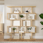 Oak 5-Tier Geometric Bookcase, S-Shaped Modern Bookshelf Set of 2, 62.6" Tall Room Divider Book Shelf, Decorative Display Shelf